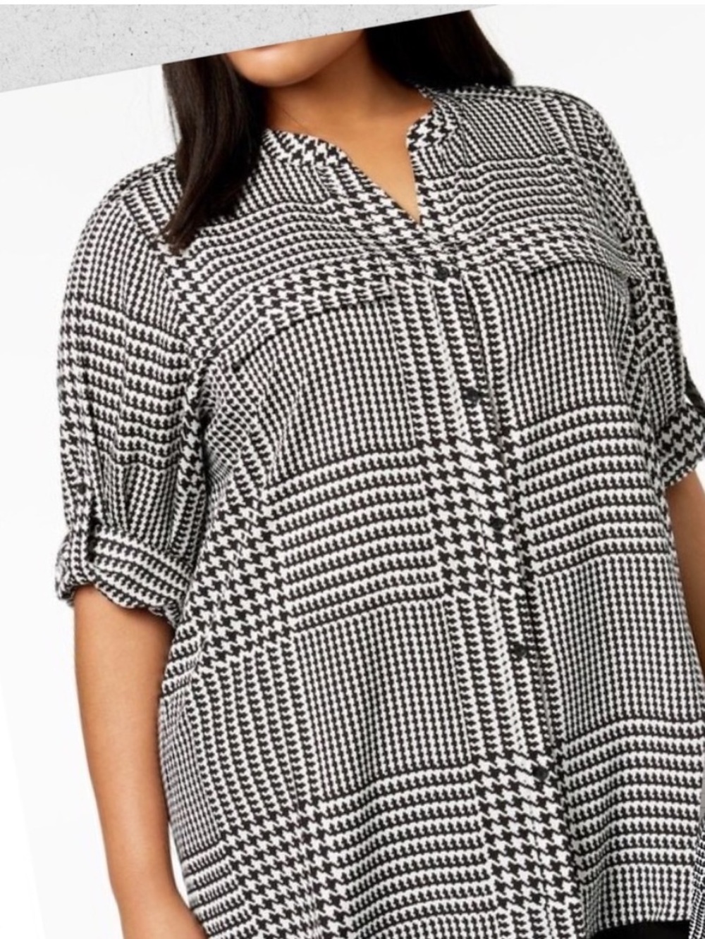 CALVIN KLEIN Houndstooth Long Sleeve Blouse Button Down Roll Tab Black White 1X